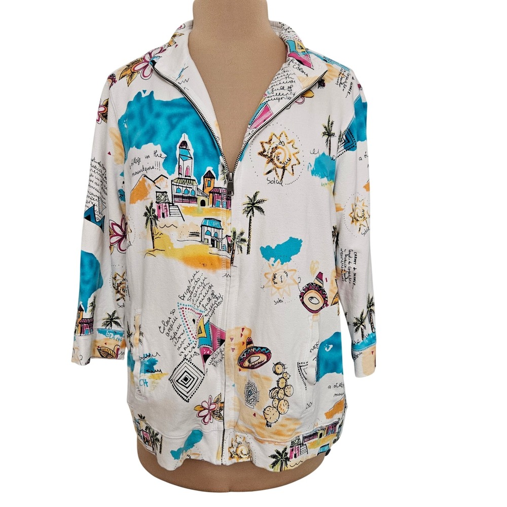 Additions by Chicos Zip Up Sweatshirt Jacket Novelty Travel Print Size 3 Artsy